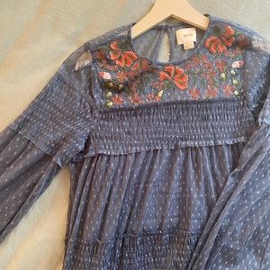 Anthropologie Maeve long sleeve textured and embroidered mini dress